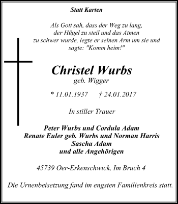 Traueranzeige von Christel Wurbs von Stadtspiegel Gladbeck
