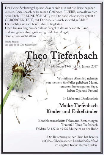 Traueranzeige von Theo Tiefenbach von Mülheimer Woche