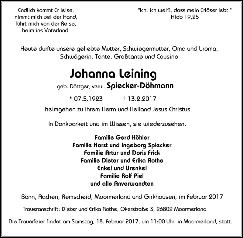  Traueranzeige für Johanna Leining vom 18.02.2017 aus Stadtanz.Castrop-Rauxel
