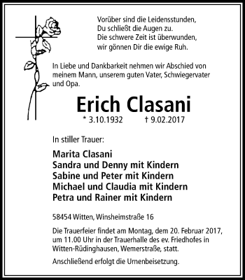 Traueranzeige von Erich Clasani von Witten aktuell