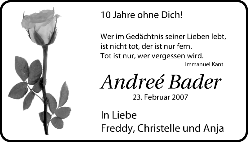 Traueranzeige für Andreé Bader vom 25.02.2017 aus Lüner Anzeiger