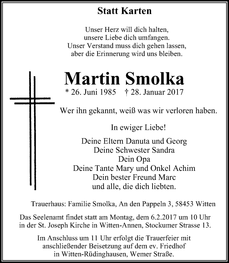  Traueranzeige für Martin Smolka vom 04.02.2017 aus Witten aktuell