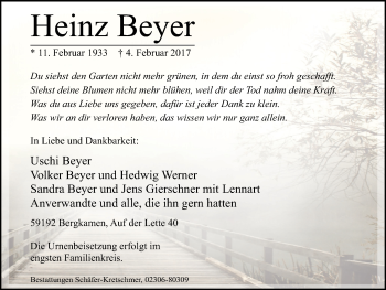 Traueranzeige von Heinz Beyer von Stadtspiegel Kamen + Unna