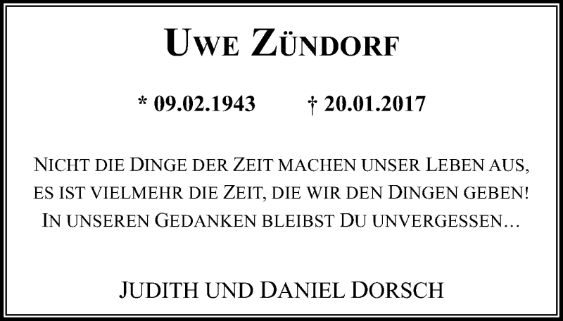  Traueranzeige für Uwe Zündorf vom 01.02.2017 aus Wochen-Anzeiger Langenfeld/Monheim/Hilden