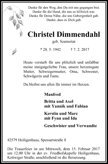 Traueranzeige von Christel Dimmendahl von Stadtanzeiger Velbert + Heiligenhaus