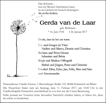 Traueranzeige von Gerda van de Laar von Stadtanzeiger Emmerich/Rees/Isselburg
