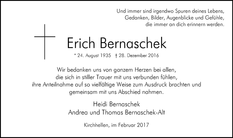  Traueranzeige für Erich Bernaschek vom 18.02.2017 aus Stadtspiegel Bottrop