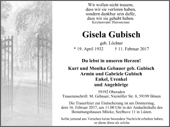 Traueranzeige von Gisela Gubisch von Lüner Anzeiger