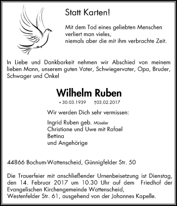Traueranzeige von Wilhelm Ruben von Stadtspiegel Bochum + Wattenscheid