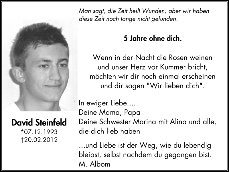  Traueranzeige für David Steinfeld vom 18.02.2017 aus Stadtanzeiger Emmerich/Rees/Isselburg