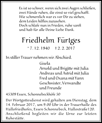 Traueranzeige von Friedhelm Fürtges von Nord Anzeiger Essen