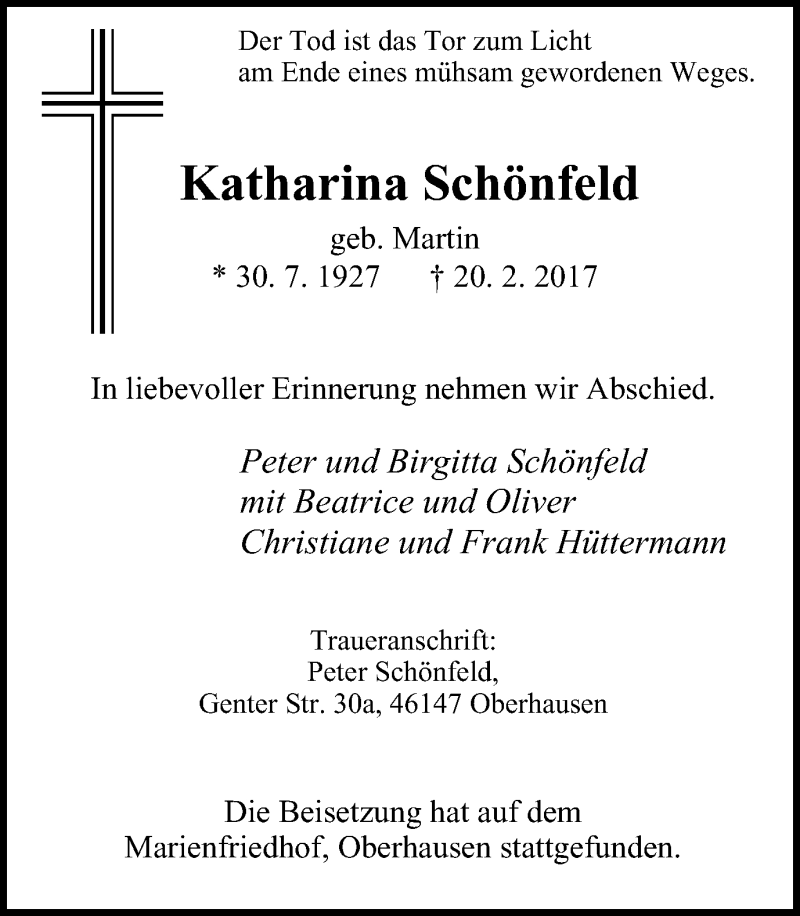  Traueranzeige für Katharina Schönfeld vom 25.02.2017 aus Wochen-Anzeiger Oberhausen