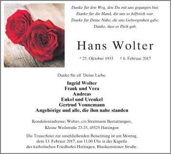 Traueranzeige von Hans Wol-ter von Stadtspiegel Hattingen/Niedersprockhövel