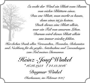 Traueranzeige von Heinz-Josef Winkel von Wochen-Anzeiger Oberhausen