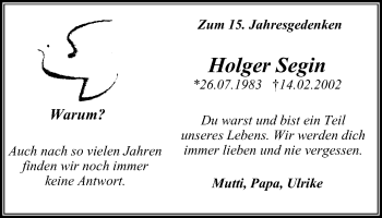Traueranzeige von Holger Segin von Stadtanz.Castrop-Rauxel