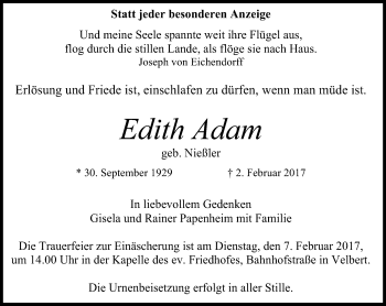 Traueranzeige von Edith Adam von Stadtanzeiger Velbert + Heiligenhaus