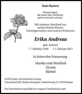 Traueranzeigen von Erika Andreas TrauerinNRW.de