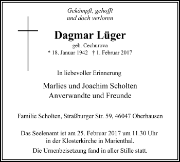 Traueranzeige von Dagmar Lüger von Der Weseler + Der Xantener