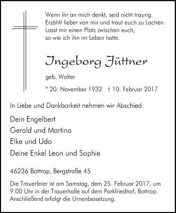 Traueranzeige von Ingeborg Jüttner von Stadtspiegel Bottrop