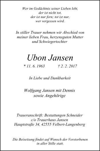 Traueranzeige von Ubon Jansen von Stadtanzeiger Velbert + Heiligenhaus