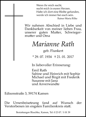 Traueranzeige von Marianne Rath von Stadtspiegel Kamen + Unna