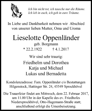 Traueranzeige von Lieselotte Oppenländer von Stadtspiegel Hattingen/Niedersprockhövel