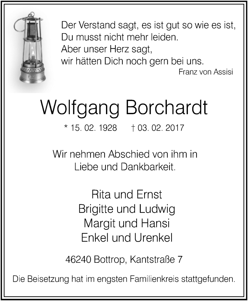  Traueranzeige für Wolfgang Borchardt vom 11.02.2017 aus Stadtspiegel Bottrop