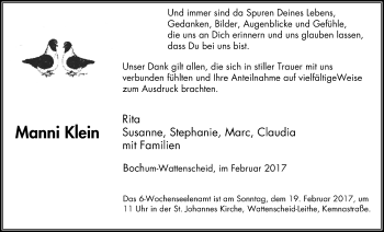 Traueranzeige von Manni Klein von Stadtspiegel Wattenscheid