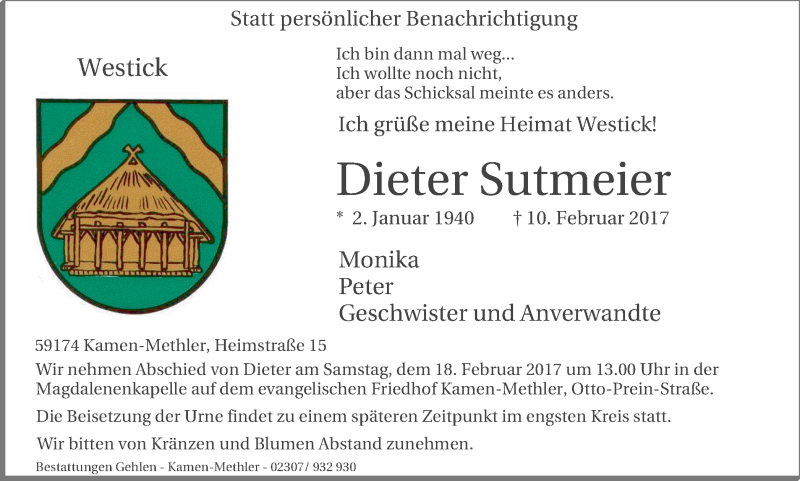  Traueranzeige für Dieter Sutmeier vom 15.02.2017 aus Stadtspiegel Kamen + Unna