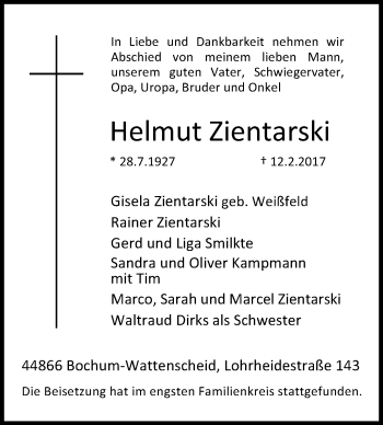 Traueranzeige von Helmut Zientarski von Stadtspiegel Wattenscheid