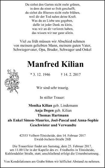 Traueranzeige von Manfred Kilian von Stadtanzeiger Velbert + Heiligenhaus