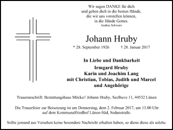 Traueranzeige von Johann Hruby von Lüner Anzeiger