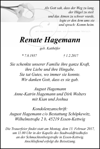 Traueranzeige von Renate Hagemann von Kettwig Kurier