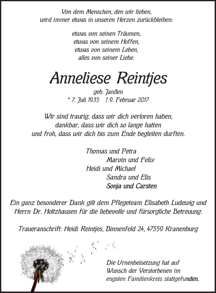  Traueranzeige für Anneliese Reintjes vom 18.02.2017 aus Klever Wochenblatt