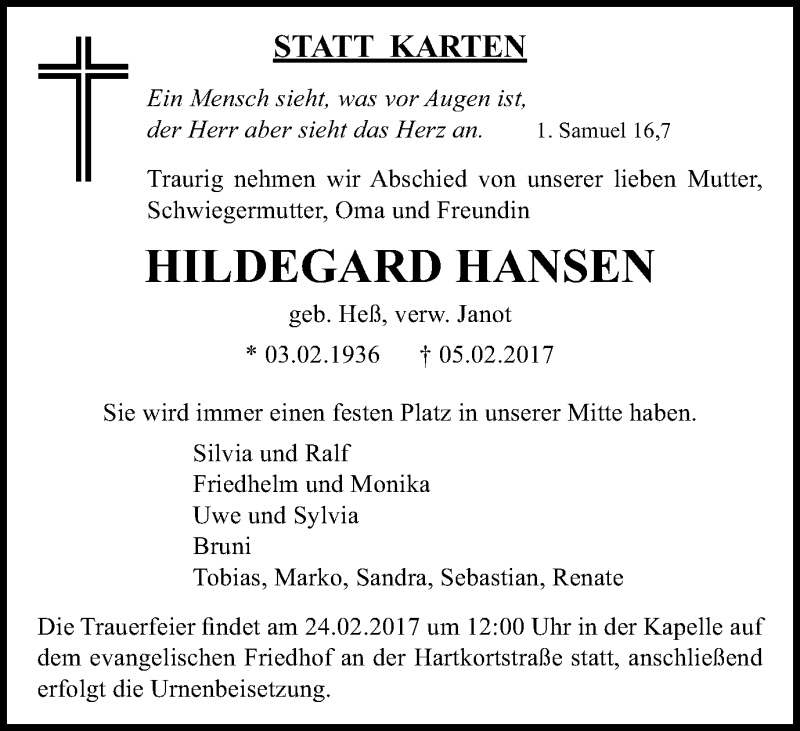  Traueranzeige für Hildegard Hansen vom 22.02.2017 aus Wochen-Anzeiger Oberhausen