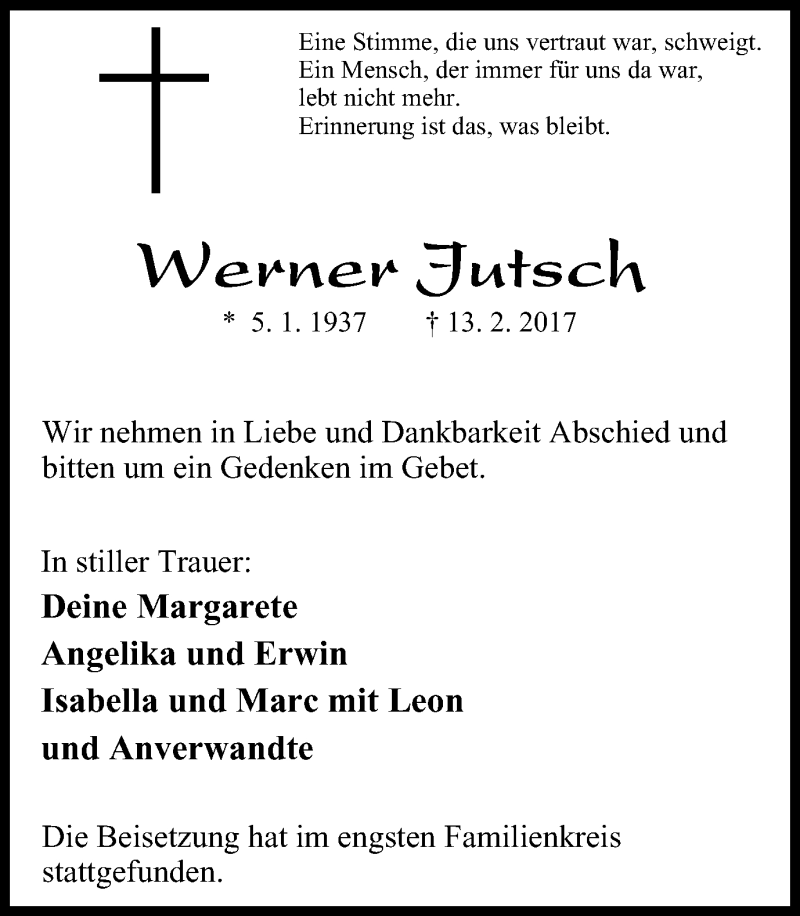  Traueranzeige für Werner Jutsch vom 18.02.2017 aus Stadtspiegel Bottrop