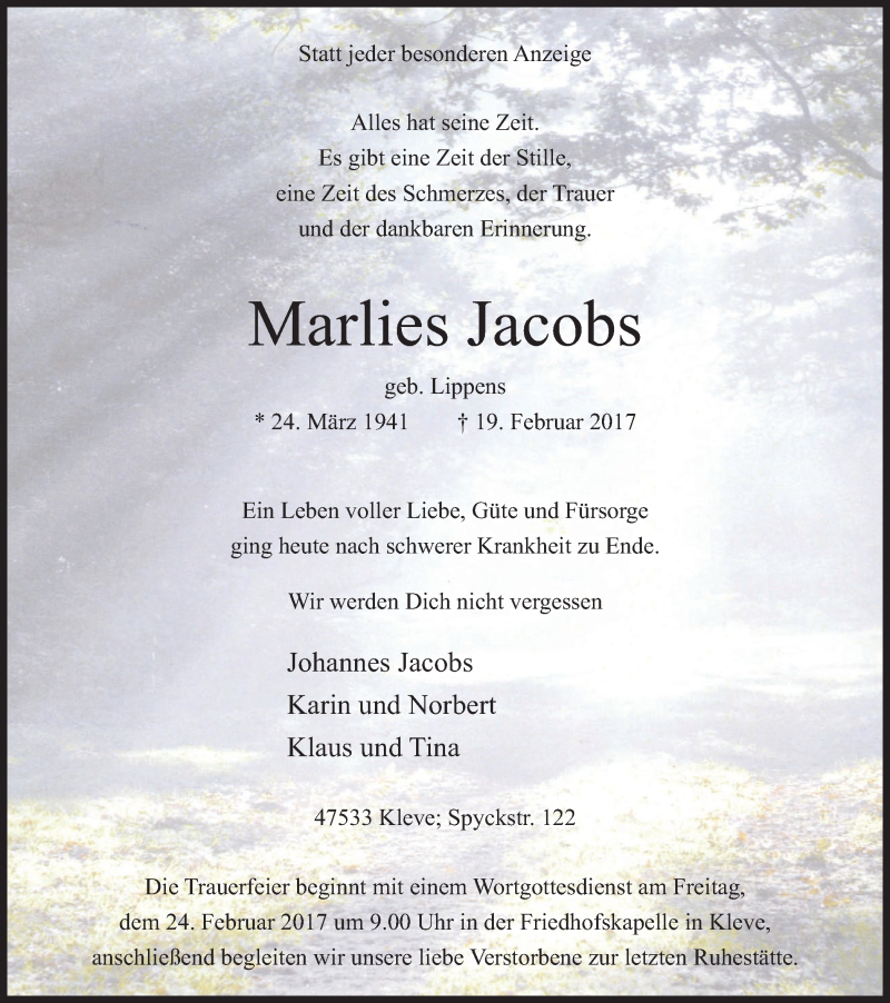  Traueranzeige für Marlies Jacobs vom 22.02.2017 aus Klever Wochenblatt