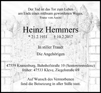 Traueranzeige von Heinz Hemmer von Klever Wochenblatt