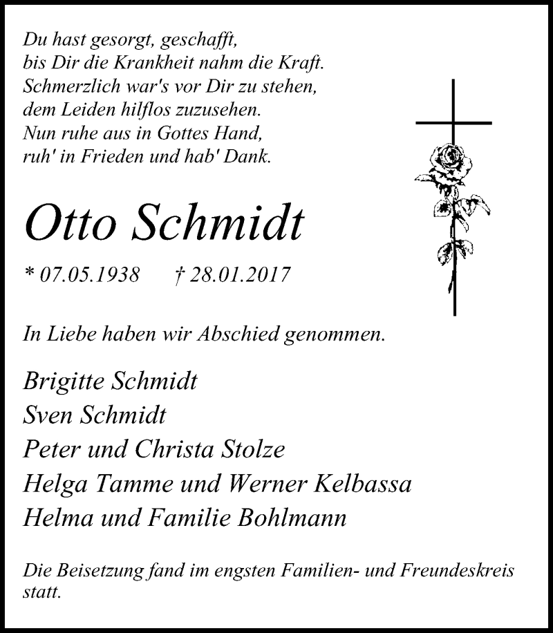  Traueranzeige für Otto Schmidt vom 11.02.2017 aus Stadtspiegel Gelsenkirchen