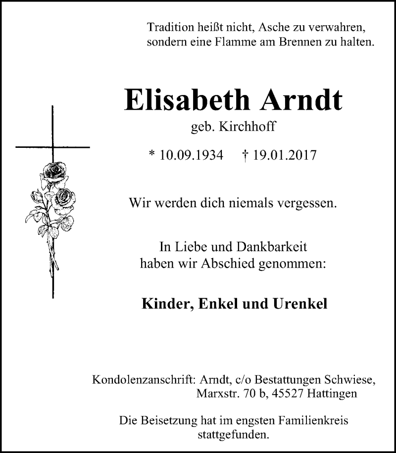  Traueranzeige für Elisabeth Arndt vom 04.02.2017 aus Stadtspiegel Hattingen/Niedersprockhövel