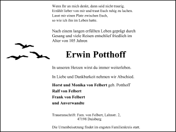 Traueranzeige von Erwin Potthoff von Stadtspiegel Hattingen/Niedersprockhövel