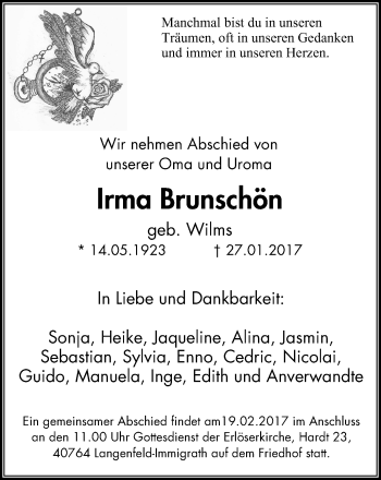 Traueranzeige von Irma Brunschön von Wochen-Anzeiger Langenfeld/Monheim/Hilden