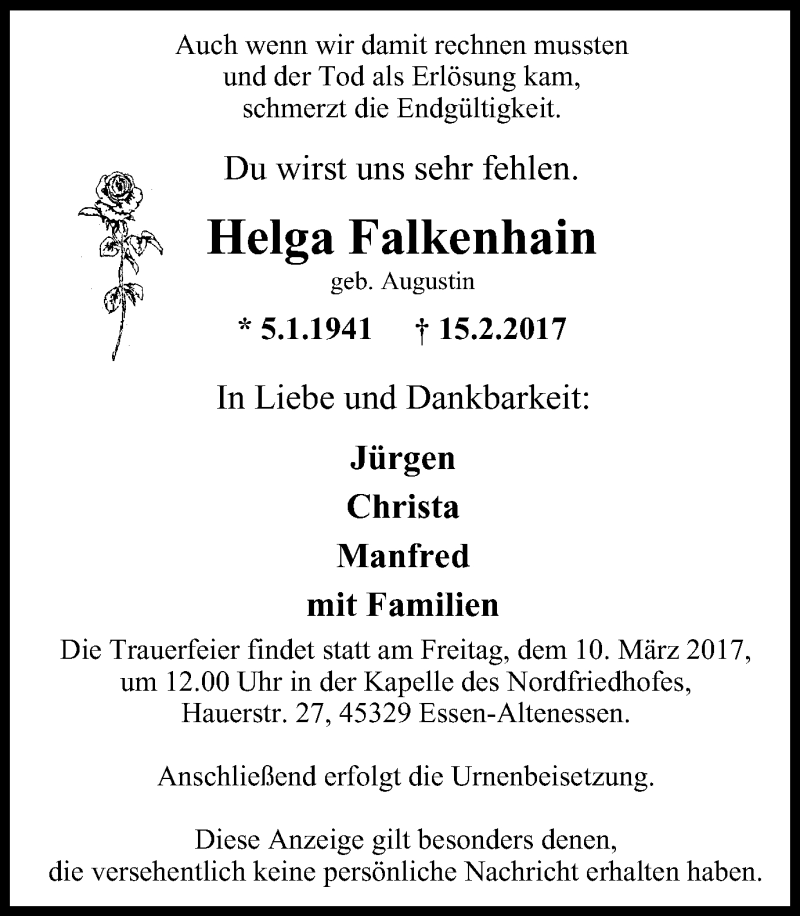 Traueranzeige für Helga Falkenhain vom 25.02.2017 aus Nord Anzeiger Essen