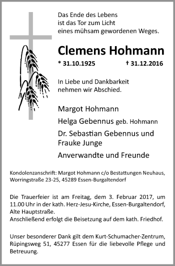 Traueranzeige von Clemens Hohmann von Stadtspiegel Hattingen/Niedersprockhövel