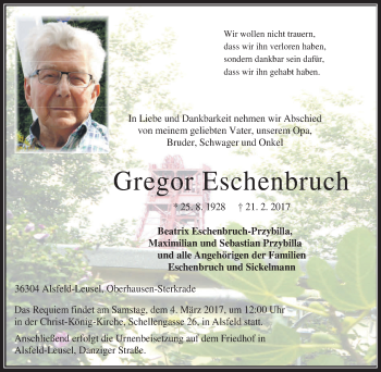Traueranzeige von Gregor Eschenbruch von Wochen-Anzeiger Oberhausen