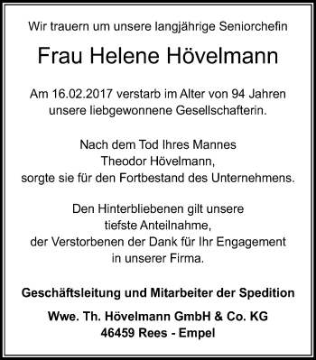 Traueranzeige von Helene Hövelmann von Stadtanzeiger Emmerich/Rees/Isselburg + Klever Wochenblatt