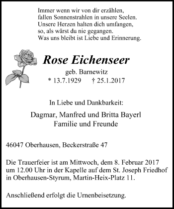 Traueranzeige von Rose Eichenseer von Wochen-Anzeiger Oberhausen
