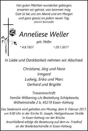 Traueranzeige von Anneliese Weiler von Kettwig Kurier