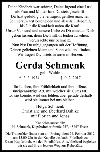 Traueranzeige von Gerda Schmenk von Borbeck Kurier
