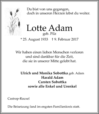 Traueranzeige von Lotte Adam von Stadtanz.Castrop-Rauxel